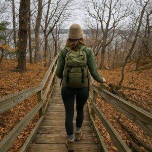 A hiker wearing a backpack and beanie explores a wooden bridge on a fall trail at Starved Rock State Park.